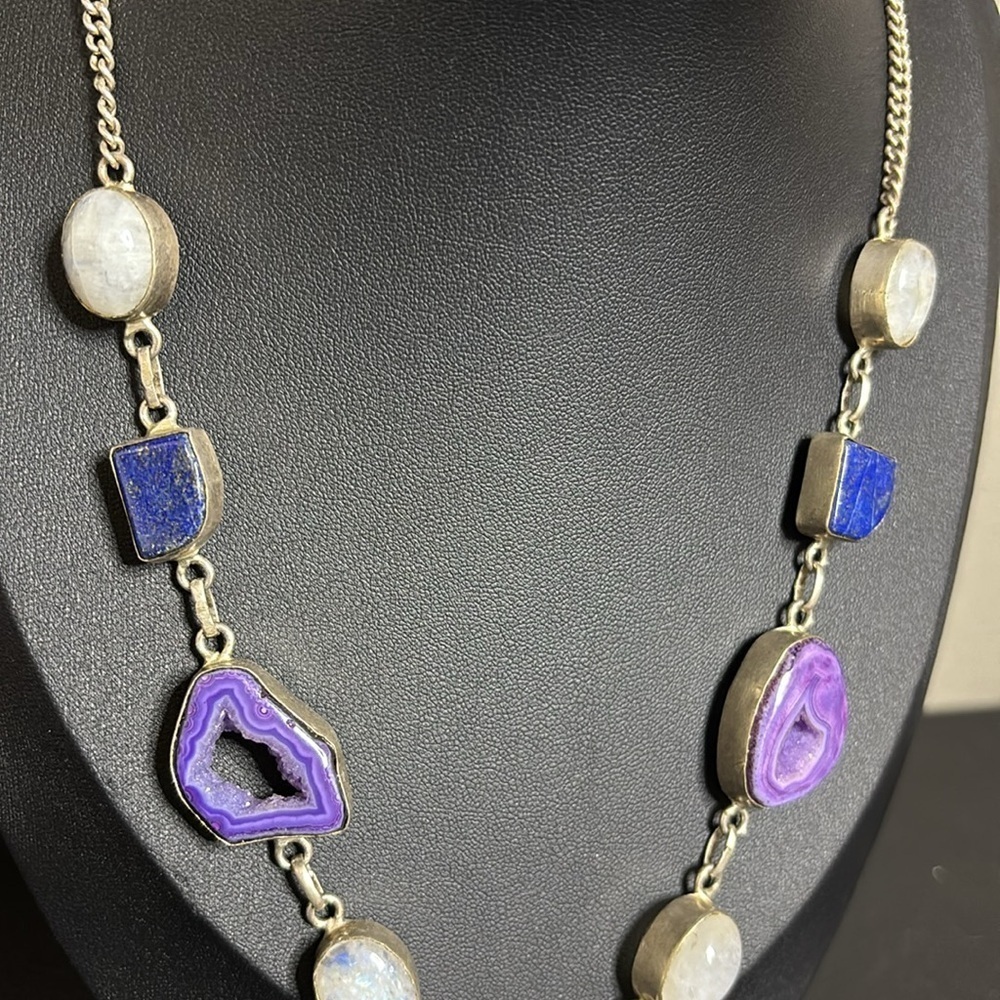 925 Lapis Purple Quartz Druzy Iolite Biwa Pearl Gemstone Silver Necklace​ - Picture 3 of 9